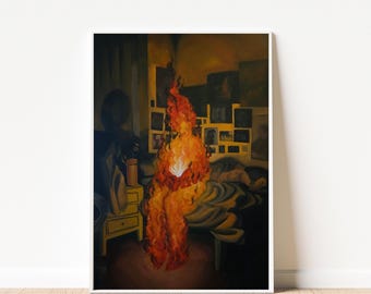 Fiery Human Silhouette Wall Art, Abstract Flame Figure Poster, Burning Soul Canvas, Passion Elemental Print, Modern Fire-Themed Decor