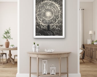 El Empíreo de Gustave Doré – Ilustración celestial de la Divina Comedia de Dante, lámina angelical vintage en blanco y negro, decoración celestial mística