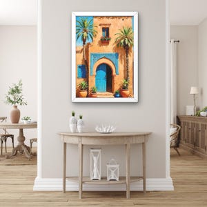 Moroccan Blue Door Wall Art – Exotic Architecture Print – Mediterranean Boho Home Decor – Colorful Travel Canvas for Living Room