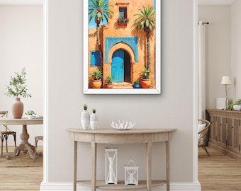 Moroccan Blue Door Wall Art – Exotic Architecture Print – Mediterranean Boho Home Decor – Colorful Travel Canvas for Living Room