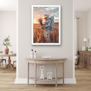 Astronaut with Flowers Wall Art, Surreal Space Canvas Print, Cosmic Fantasy Artwork for Modern Decor, Romantic Space Art, Sci Fi Wall Art