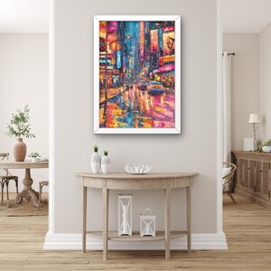 Colorful City Night Wall Art – Neon Urban Street Canvas Painting – Vibrant Cityscape Artwork – Modern Metropolitan Home Decor, Unique Gift