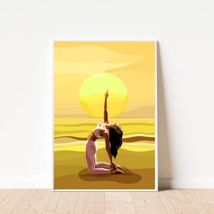 Sunset Yoga Canvas Art – Serene Woman in Camel Pose, Mindful Wall Decor, Spiritual Modern Poster for Home or Studio, Yoga Gift for Her