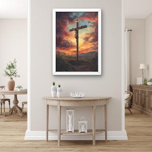 Jesus Crucifixion Wall Art, Christian Cross Sacred Canvas Print, Dramatic Sunset Religious Painting, Religious Wall Decor, Divine Canvas