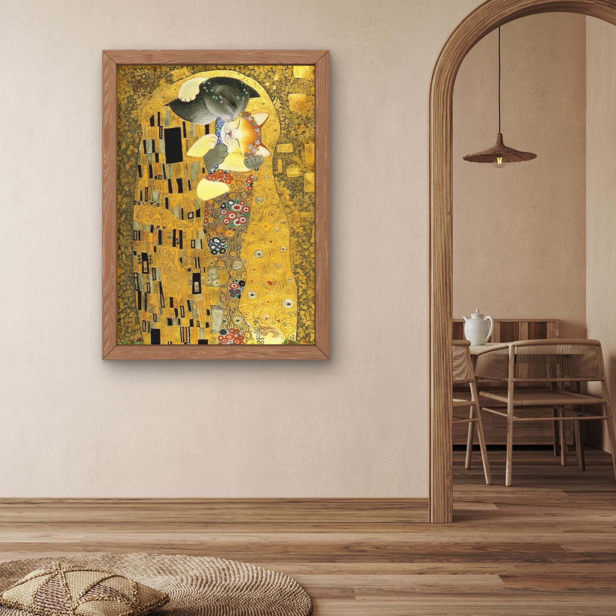 グスタフ・クリムト作「接吻」の猫パロディキャンバスウォールアート