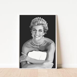 Decorazione da parete Lady Diana - Ritratto della principessa Diana in bianco e nero, stampa su tela minimalista con motivo reale, decorazione femminile senza tempo - stampa con icona monocromatica