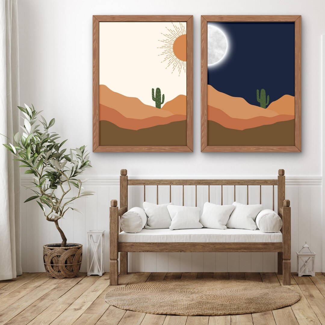 Desert Landscape Wall Art Set | 2 Piece Minimalist Sun and Moon Cactus ...