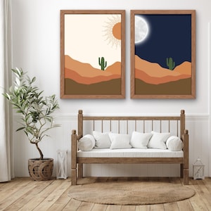 Desert Landscape Wall Art Set | 2 Piece Minimalist Sun and Moon Cactus Artwork, Southwestern Boho Decor for Living Room and Bedroom