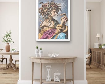 Medusa Wandbild - Griechische Mythologie Leinwanddruck - Dunkles Weibliches Power Porträt - Klassische Schlangengöttin Gemälde für das Wohndekor