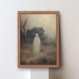 Ghost in Foggy Haunted Field – Spooky Halloween Wall Art – Gothic Ghost Print – Eerie Haunted House Decor for Creepy Fall Vibes