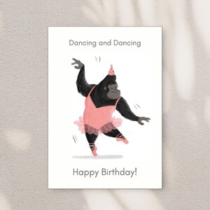 Verjaardagskaart grappige aap, kaart dansen team, leuke verjaardagscadeaukaart, unieke humorkaart, kaart dansen, afdrukbare-digitale kaart