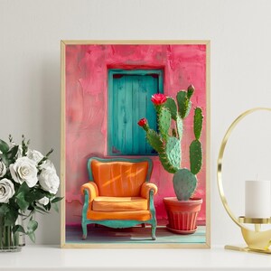 Buntes Vintage Wandbild mit Kaktus, Rosa Holzfenster Szene, Boho Ästhetisches Plakat, Retro Wohnzimmer Dekor Druck, Einzigartiges Geschenk