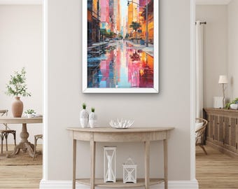 Colorful Cityscape Canvas – Modern Urban Wall Art – Abstract Vibrant Street Scene Print – Contemporary City View for Home Decor