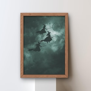 Flying Witches Halloween Wall Art – Spooky Witch Silhouette Print – Gothic Moonlight Decor for Haunted Home Vibes, Halloween Wall Decor