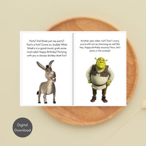 Cartão de aniversário Shrek e Burro, Cartão de aniversário dobrável, Cartão de aniversário para melhor amigo, Presente para melhor amigo, Download digital, Cartão de felicitações engraçado