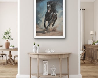 Black Horse Wall Art – Running Horse Painting – Modern Canvas Print – Equestrian Western Home Decor, Wild Horse Decor, Horse Lover Gift