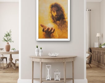 Arte mural de Jesucristo: pintura cristiana espiritual en lienzo, obra religiosa inspiradora, decoración del hogar con fe y esperanza, arte de figuras sagradas.