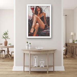 Lienzo de mujer sensual con vino, arte de pared, retrato sexy moderno, elegante obra de arte femenina, decoración de pared para el hogar con pasión.