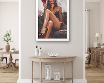 Sinnliche Frau mit Wein Leinwand Kunst | Moderne sexy Porträt Malerei Druck | Elegantes weibliches Kunstwerk | Leidenschaft Home Wanddekor