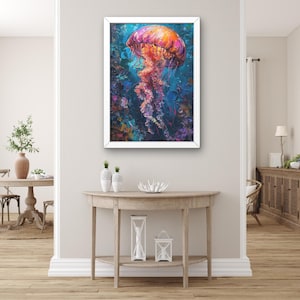 Colorful Jellyfish Wall Art | Modern Abstract Ocean Painting, Vibrant Underwater Sea Life Artwork for Coastal and Beach Home Decor