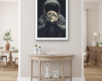 Astronaut hält Mond Leinwand Wandkunst, Surreal Kosmischer Raum Poster Druck, Mystische Lunar Fantasy Dekor Malerei, Astronaut Galaxie Kunst
