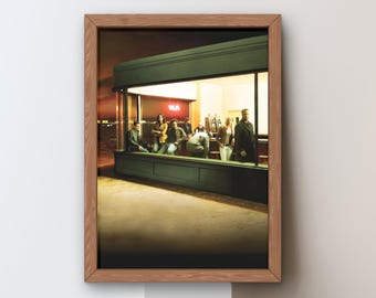 Modern Nighthawks Scene Canvas – Cinematic Urban Diner Print – Contemporary Pop Culture Wall Art – Realistic Night Bar Decor, Unique Gift