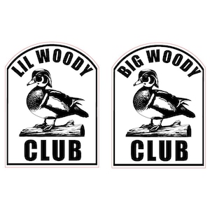 May include: Two black and white logo designs featuring a stylized duck perched on a log. The logos are framed in a white arch shape with the words "LIL WOODY CLUB" and "BIG WOODY CLUB" in a bold, black font.