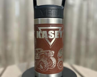 Laser Engraved monster truck YETI Tumbler - Personalized Kids Water Bottle