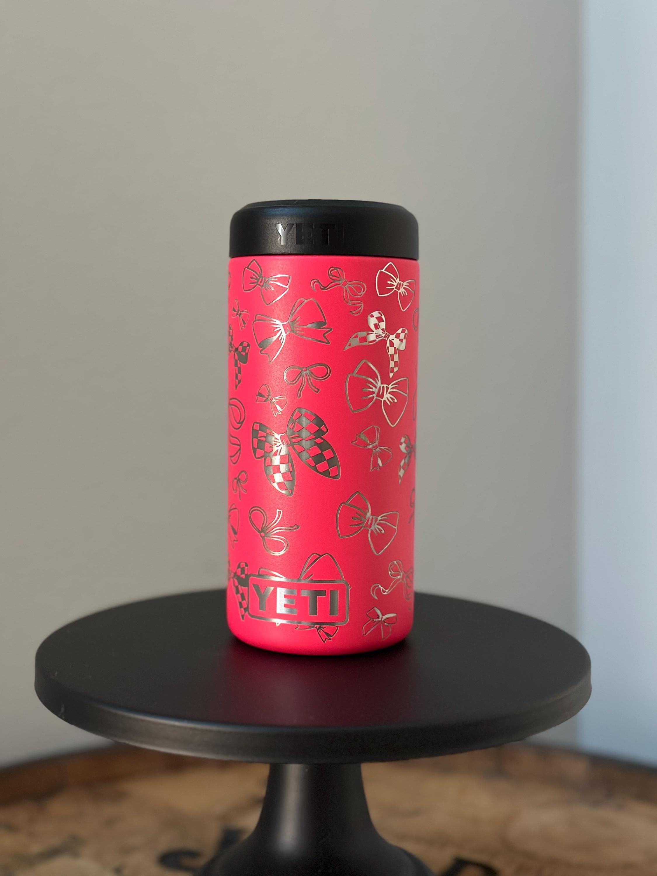 12 OZ COLSTER® can cooler, slim options, Insulator Custom Engraved, Bows, girly girl design, bow can cooler, gifts for her