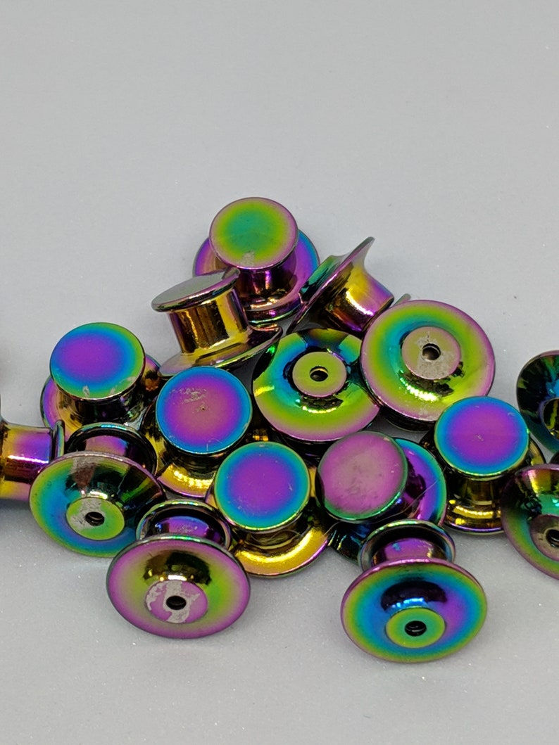 12 Pack of Locking Pin Backs / Pin Keepers Never lose a Special Pin again New Styles Free domestic shipping with 35 dollar purchase. Rainbow