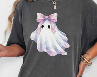 Coquette Ghost T-Shirt: Pastel Bow, Spooky Season Comfort Colors