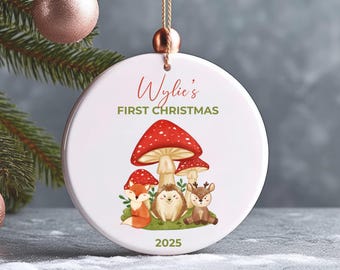 Personalized Baby&#39;s First Christmas Ornament 2025: Cottagecore Mushroom Forest