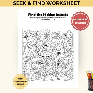 Może przedstawiać: Czarno-biały arkusz wyszukiwania i znajdowania z tekstem "Find the Hidden Insects". Arkusz zawiera szczegółową ilustrację kwiatową z owadami do znalezienia i zakreślenia. Zawiera klucz odpowiedzi i jest również dostępny w pakiecie.