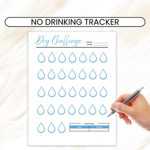 May include: A white paper with the text "NO DRINKING TRACKER" and "Dry Challenge" in blue script. The paper has a grid of blue water drop icons. A hand holding a pen is in the lower right corner.