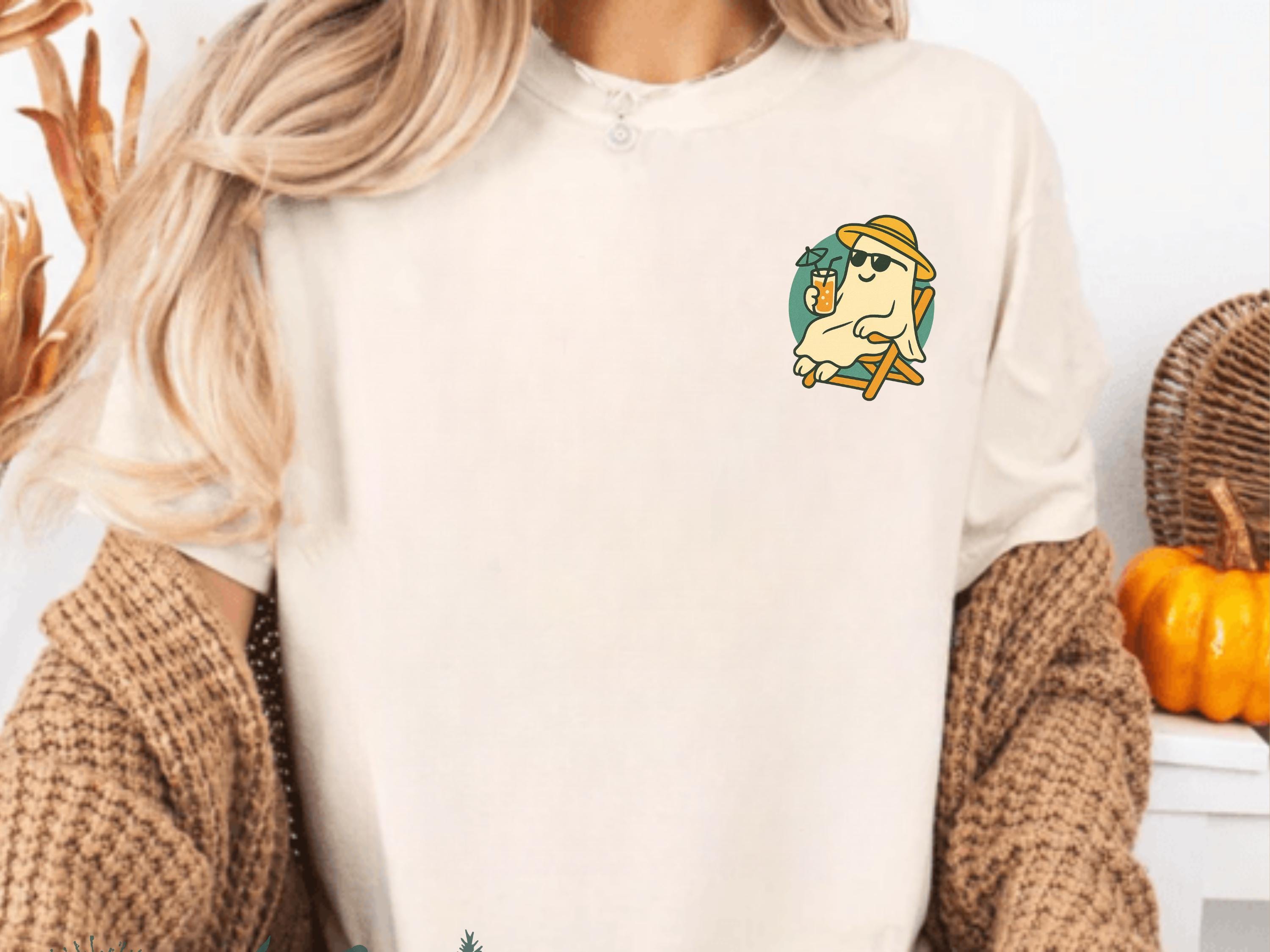 Cute Summerween Ghost T-shirt, Spooky Season Sunny Vibes Halloween Tee, Trendy Comfort Colors Summer Shirt, Retro Ghosts Beach Front Back T