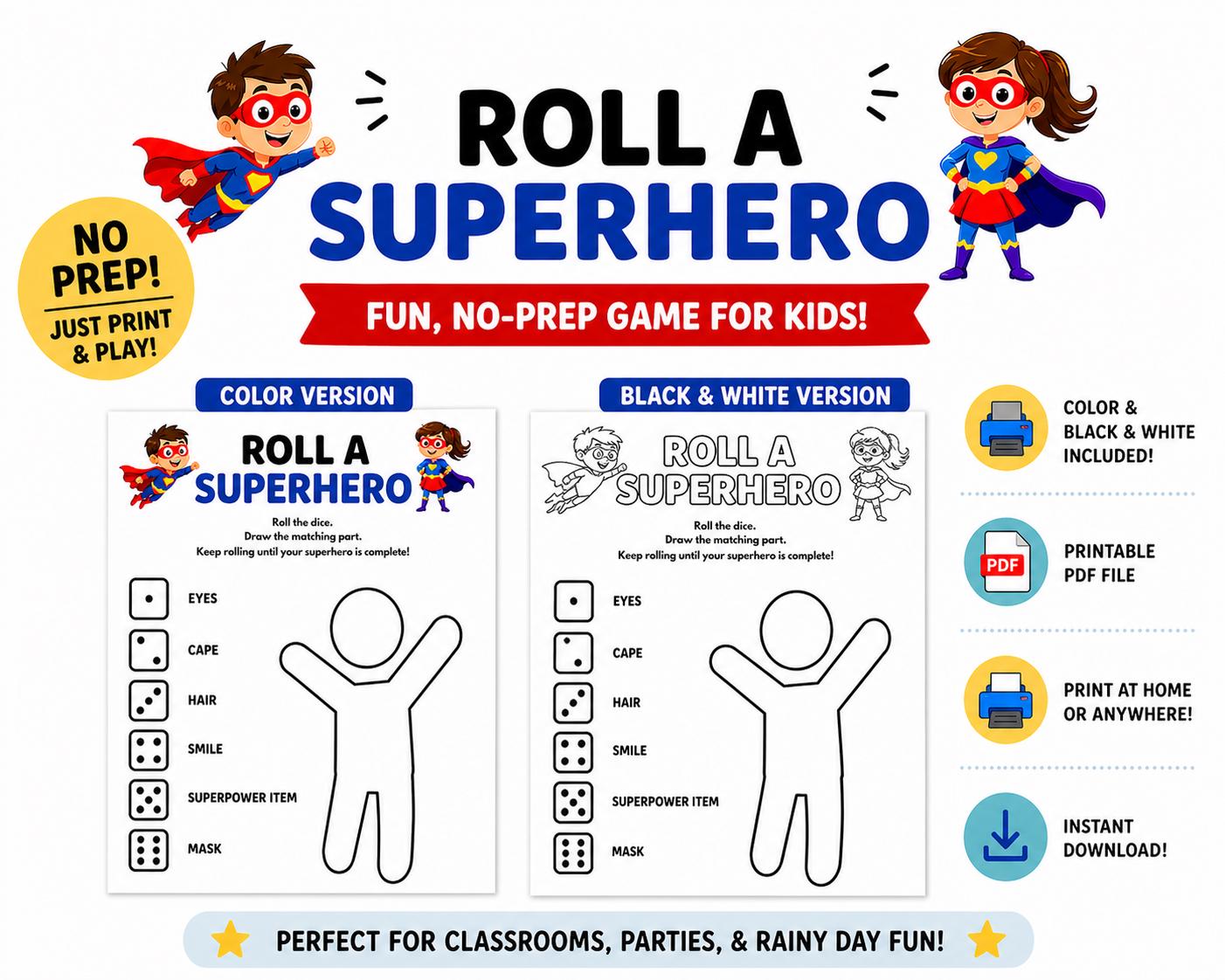 Roll a Superhero Printable Game, Kids Drawing Game, Superhero Activity ...