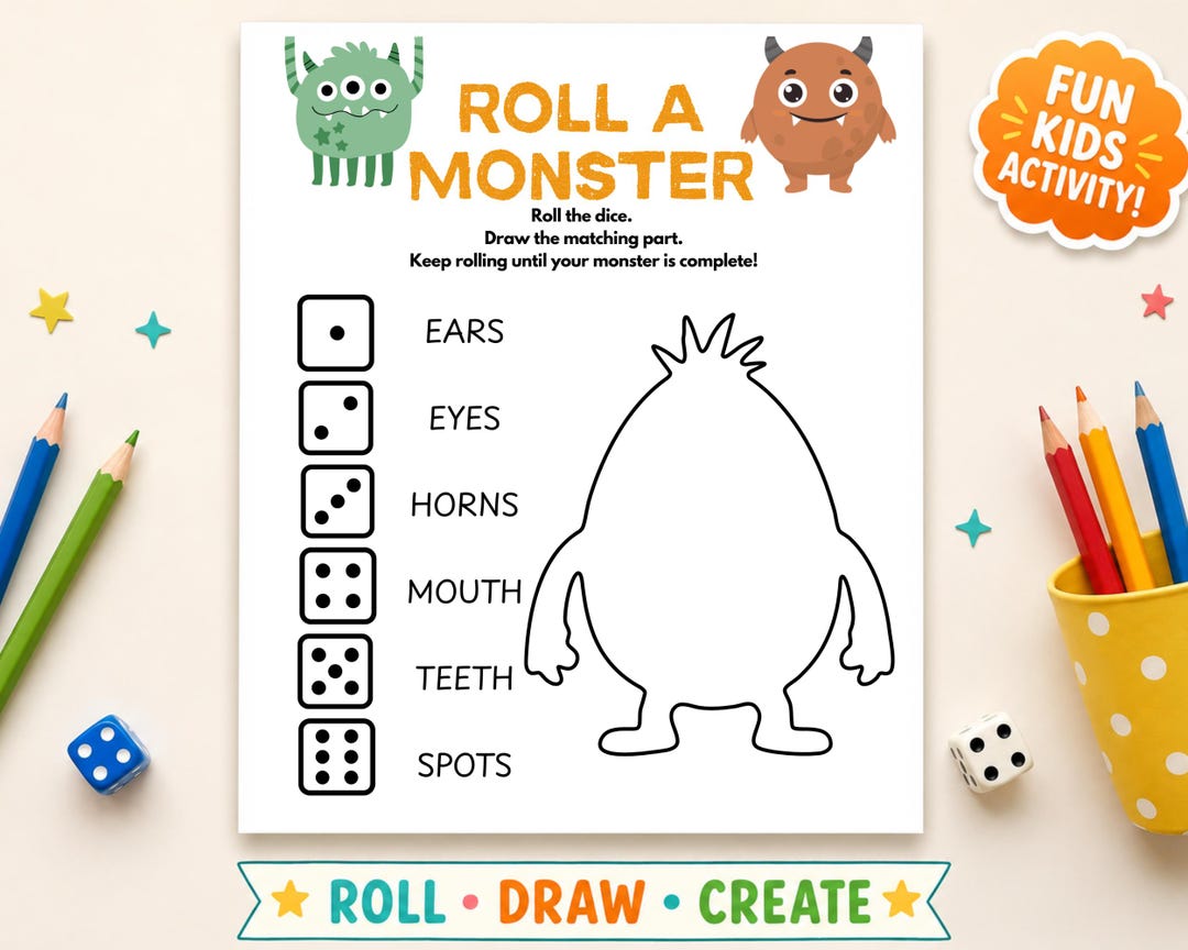 Roll a Monster Printable Game, Halloween Activity for Kids, Draw a ...