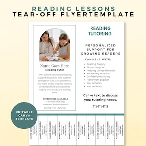May include: A reading lessons tear-off flyer template featuring a photo of a tutor and student. The flyer includes text for reading tutoring services, a list of support areas, contact information, and a row of tear-off tabs at the bottom.