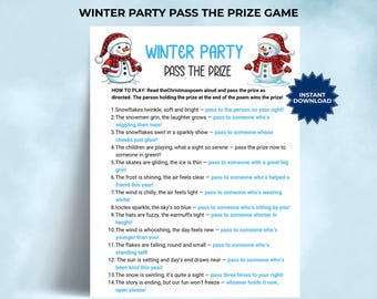 May include: A Winter Party Pass the Prize game sheet featuring two cartoon snowmen wearing red plaid hats and scarves. The text includes instructions and a fourteen-line poem with blue text prompts for passing a prize, plus an Instant Download badge.