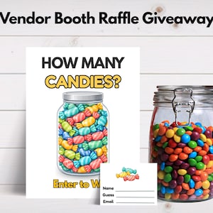 May include: A promotional display for a vendor booth raffle giveaway. It features a jar filled with colorful candies, a sign asking "HOW MANY CANDIES?", and a small card for name, guess, and email.