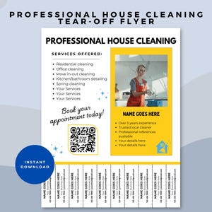 Op de afbeelding: Flyer voor professionele schoonmaak van huizen, met een afscheurgedeelte. De flyer toont een foto van een schoonmaker, een lijst met aangeboden diensten en contactgegevens. Het ontwerp is geel en wit.