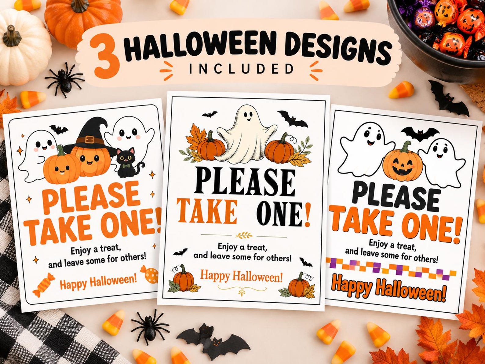 Three Character Styles to Choose From Three please-take-one Halloween sign previews with ghosts, pumpkins and seasonal illustrations.