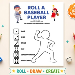 Roll A Baseball Player Printable Game, Softball Drawing Activity for Kids, Roll and Draw Worksheet, Sports Classroom Party Game