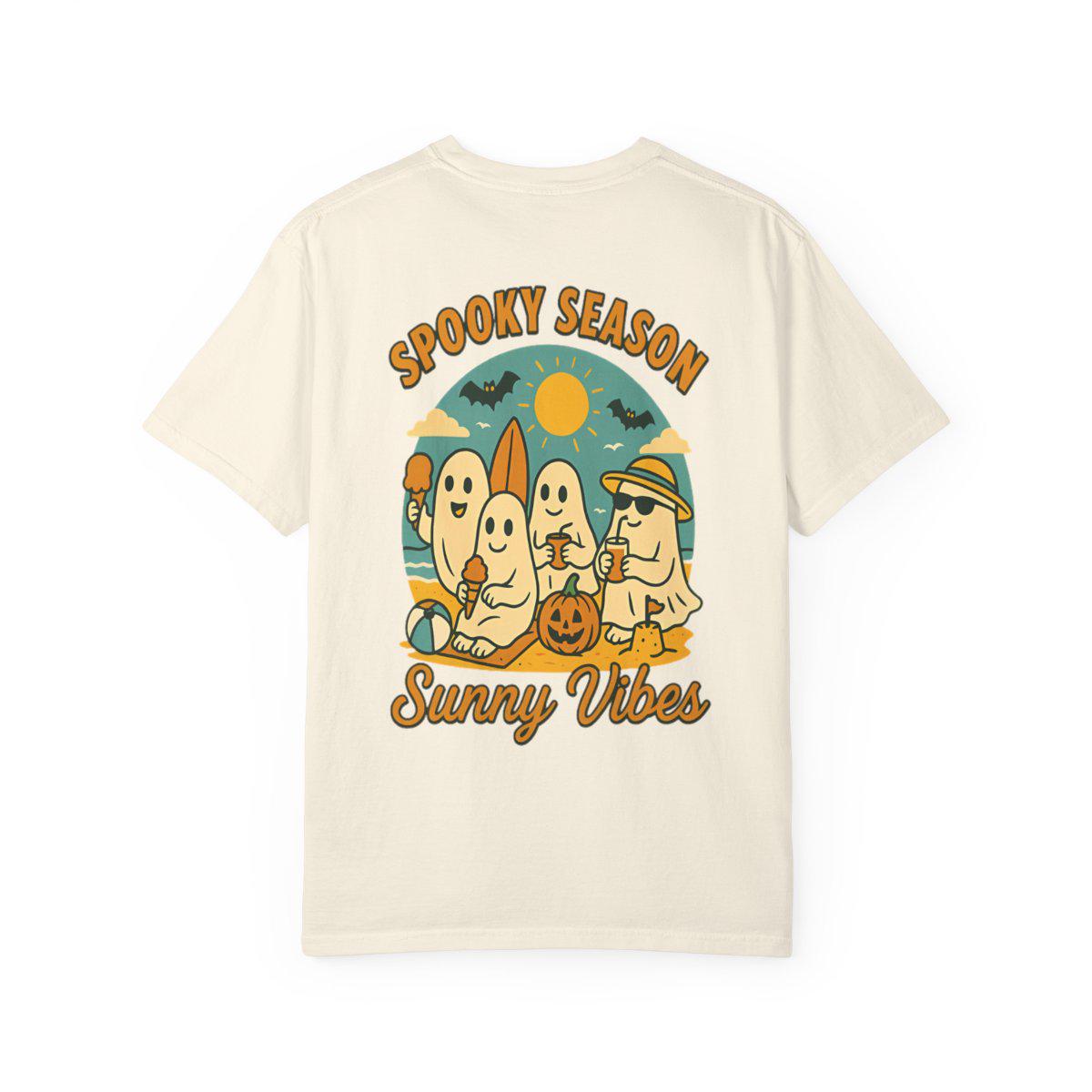 Cute Summerween Ghost T-shirt, Spooky Season Sunny Vibes Halloween Tee, Trendy Comfort Colors Summer Shirt, Retro Ghosts Beach Front Back T
