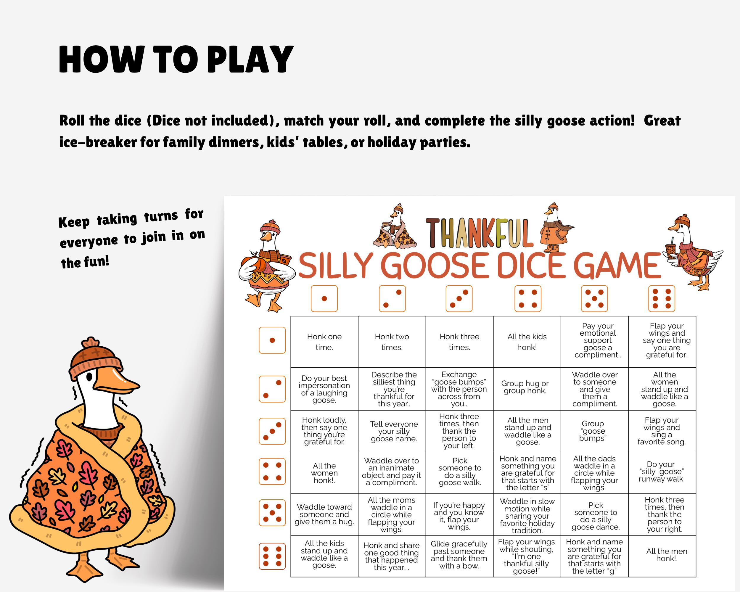 Gratitude Dice Game, Funny Silly Goose Thanksgiving Family Game ...