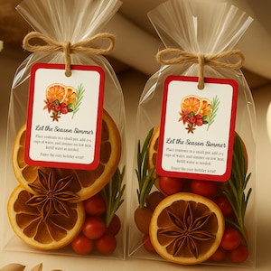 Könnte beinhalten: Zwei transparente Zellophanbeutel, gebunden mit Bindfaden, gefüllt mit getrockneten Orangenscheiben, Sternanis, roten Beeren und Grünzeug. An jedem Beutel hängt ein rotes Etikett mit dem Text "Let the Season Simmer".