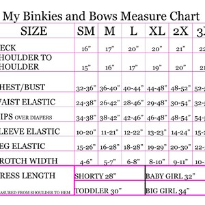 May include: A measurement chart titled "My Binkies and Bows Measure Chart" with size details for SM to 3X. Measurements include neck, shoulder, chest, waist, hips, sleeve, leg, crotch, and dress length in inches. Dress lengths are 71 cm, 76 cm, 81 cm, and 86 cm.