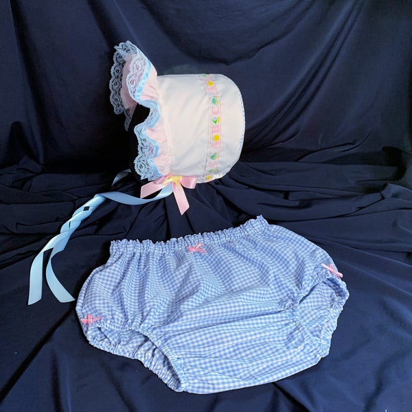 Adult Baby Sissy Littles abdl ABC BONNET and Blue DIAPER Cover Set My Binkies and Bows