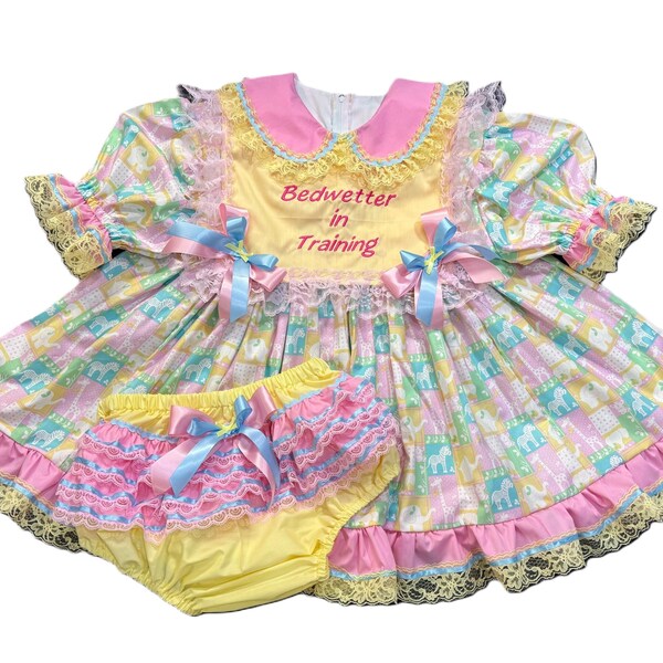 WYSIWYG Adult Baby Sissy Littles abdl 3 pc REVERSIBLE Bib Dress Set My Binkies and Bows
