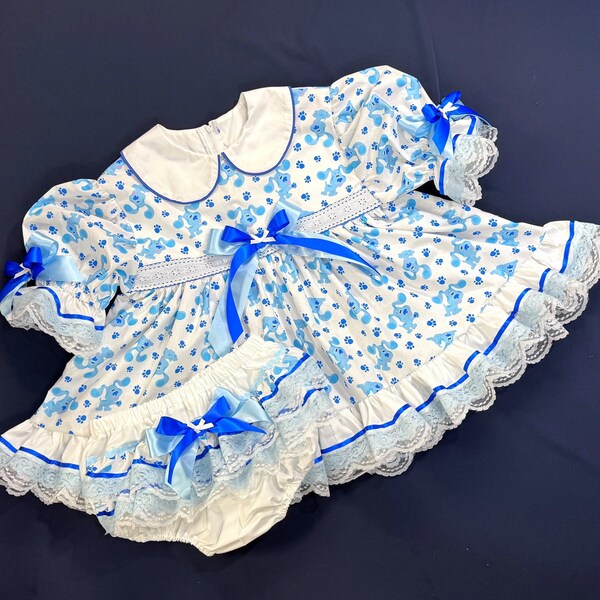 LAST ONE Adult Baby Sissy Littles abdl Blue & White Puppy Dress Set My Binkies and Bows